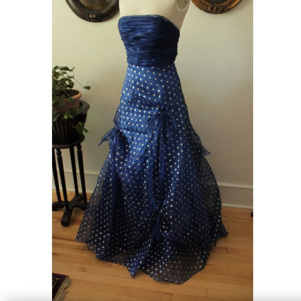 2000's Blue Chiffon Polka Dot Flirt Maggie Sottero Prom Evening Gown Dress